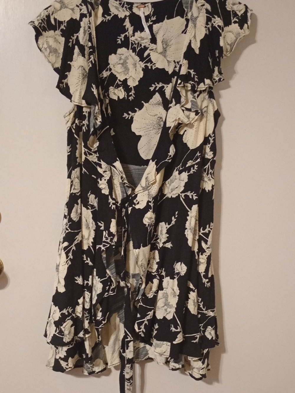 Free People Black And White Floral Ruffle Wrap Dress